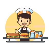 cute boy chef with hamburger and vegetables element illustration graphic design vector
