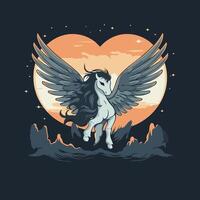 illustration of a winged unicorn on the background of the moon and the heart vector