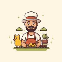 illustration of a man with a beard and mustache in a white hat and apron holding a plate with eggs and a pig vector