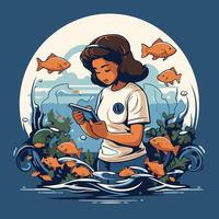 Girl with a mobile phone in the hands of the sea illustration vector