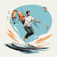 Kitesurfer in action illustration of kite surfing vector