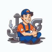 Plumber with wrench and pipe Plumber character illustration vector