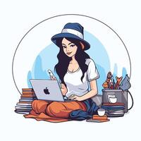 Young woman working on laptop at home illustration in cartoon style vector