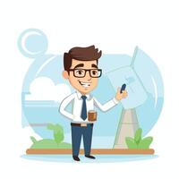 Businessman with pen pointing at wind turbine flat cartoon illustration vector