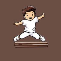 Boy jumping on a stack of books cartoon illustration isolated on brown background vector