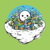 element illustration of a cartoon city in a cloud with a sad face vector