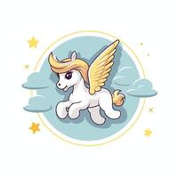 Cute cartoon unicorn with wings on the clouds illustration vector