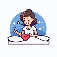 Woman lying in bed with a red heart in her hands illustration vector