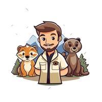cartoon illustration of a man in a work uniform with a group of animals vector