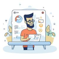 illustration of a young man with beard and glasses using a laptop vector