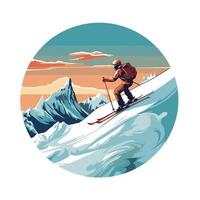 Skiing in the mountains illustration in retro style vector