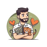illustration of a man with a beard holding a cat in his arms vector