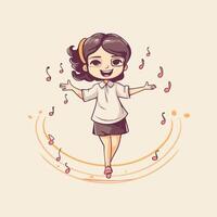Cute little girl dancing and listening to music illustration vector