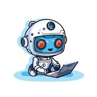 Cute robot working on laptop cartoon illustration isolated on white background vector