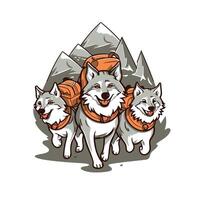 illustration of a group of dogs with backpacks on the mountains vector
