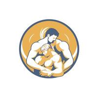 element illustration of a strong man hugging his newborn baby in a circle shape vector