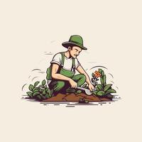 gardener with a shovel in his hand illustration in retro style vector
