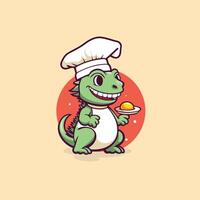 Cute crocodile chef cartoon illustration Cute crocodile in chef hat with egg vector