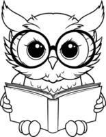 Owl reading a book Black and white illustration for coloring book vector