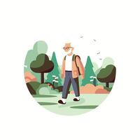 Senior man walking in the park illustration in flat style vector
