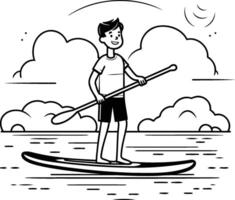 young man in stand up paddleboard cartoon element illustration graphic design in black and white vector