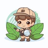 Cute boy with a magnifying glass and leaves illustration vector
