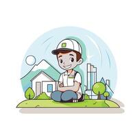 Cartoon element illustration of a young architect sitting in front of a house vector
