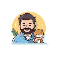Man with cat illustration Cute cartoon character Flat design vector