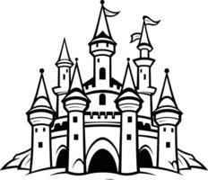Black and white illustration of a fairytale castle with multiple towers and flags vector