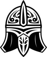 A black and white illustration of a detailed, ornate viking helmet with intricate patterns and a pointed crest vector