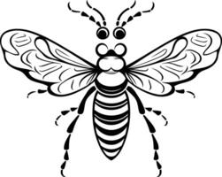Black and white illustration of a stylized bee with wings spread, perfect for design projects vector