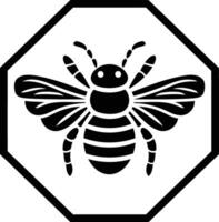 Black and white element illustration of a stylized bee inside a hexagonal frame, perfect for designs focused on nature, insects, and sustainability vector