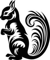 Black and white element illustration of a stylized squirrel with a flowing, intricate tail vector