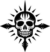 A bold, black and white illustration of a skull with an arrow piercing through its head, surrounded by a starburst effect vector