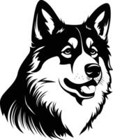 Black and white element illustration of a friendly husky dog's head with a cheerful expression vector
