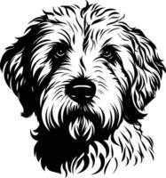 A striking black and white illustration of a fluffy dog breed, capturing its charm and character vector