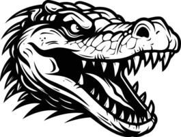 A fierce, black and white illustration of a dinosaur's head, with sharp teeth and an open mouth, perfect for tattoo designs, t-shirt graphics, or any project requiring a powerful and menacing image vector