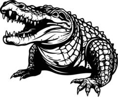 A powerful black and white illustration of a fierce alligator in a threatening pose vector