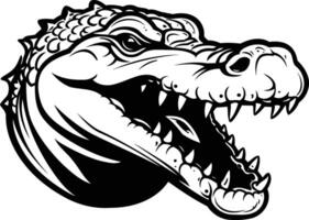 Black and white illustration of a fierce alligator head with open mouth and sharp teeth vector
