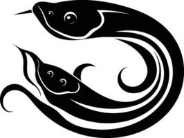 A stylized black and white illustration of two fish intertwined in a circular pattern vector