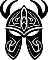 A bold and intricate black and white design of a tribal helmet with horns vector