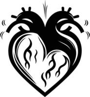 Black and white tattoo design of a heart with intricate flames, perfect for use in tattoo flash, apparel designs, and branding vector