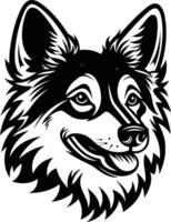 Black and white element illustration of a friendly dog's head with a happy expression vector