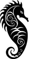 Elegant black and white illustration of a stylized seahorse with intricate swirls and patterns vector