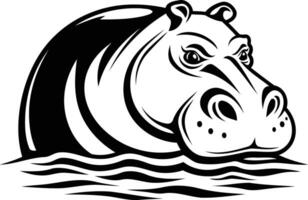 Black and white element illustration of a hippopotamus emerging from the water vector