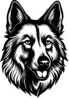 A striking black and white illustration of a dog's head, perfect for tattoos, t-shirts, or branding vector