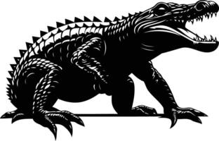A powerful black and white silhouette of an alligator, showcasing its sharp teeth and textured scales vector