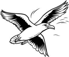 A striking black and white illustration of a seagull in mid flight, captured in a dynamic pose vector