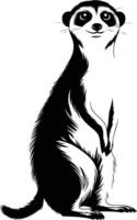 A striking black and white silhouette of a meerkat standing upright, showcasing its alert posture and characteristic features vector