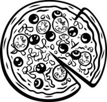 A classic illustration of a delicious pizza with a slice removed, perfect for menu designs, food blogs, and recipe websites vector